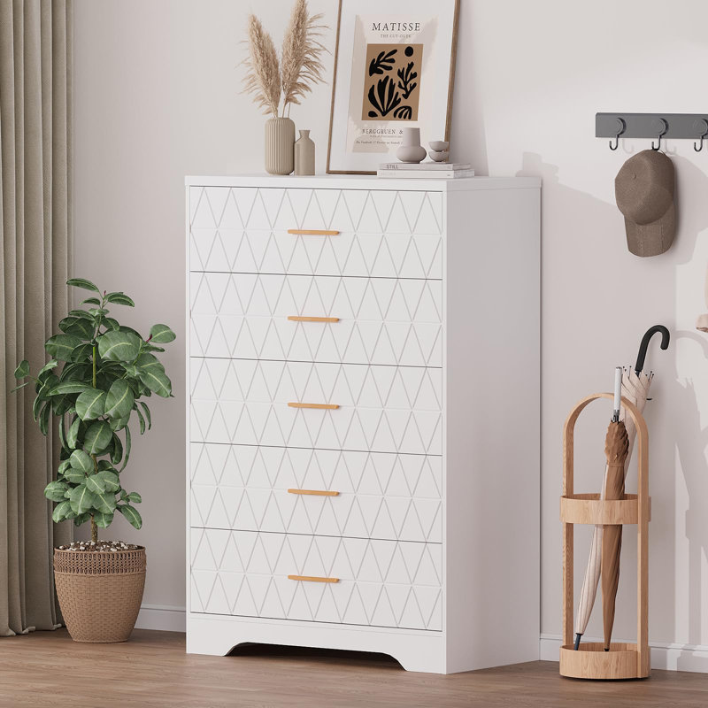 Tall Wooden 5 Drawer Dresser, Modern Chest with Gold Handles for Bedroom, Living Room, Hallway, White