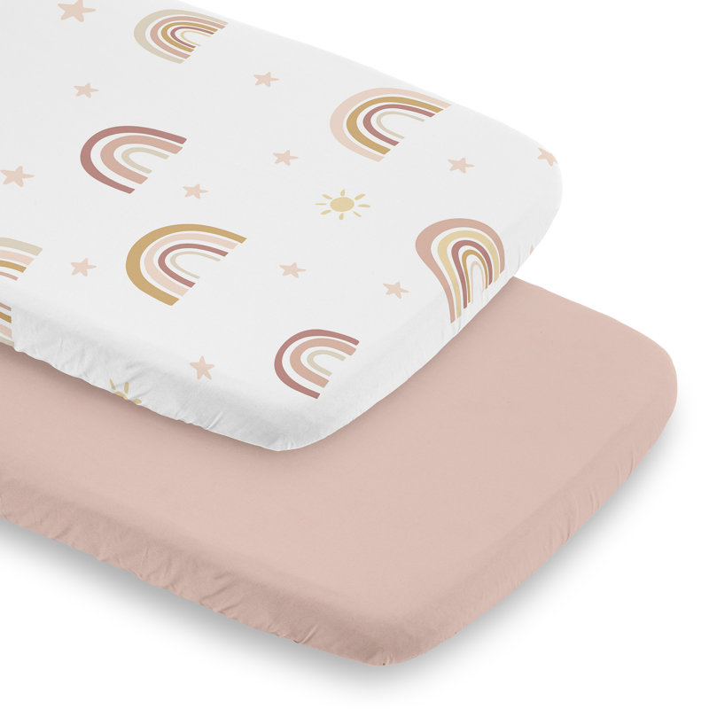 Boho Rainbow Pink and Beige Baby Bassinet Fitted Sheets Set