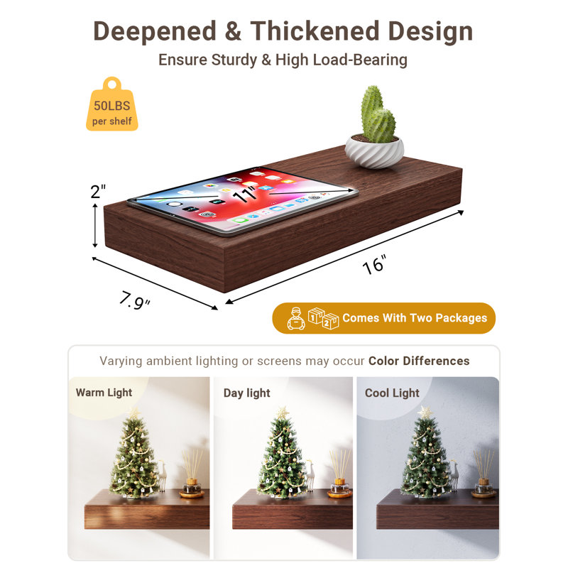 Friesen 2 Piece Painted Wood Floating Shelves, Bathroom Wall Shelves 2 Inches Thick, Dark Brown Wood, 2" H x 15" W x 8" D