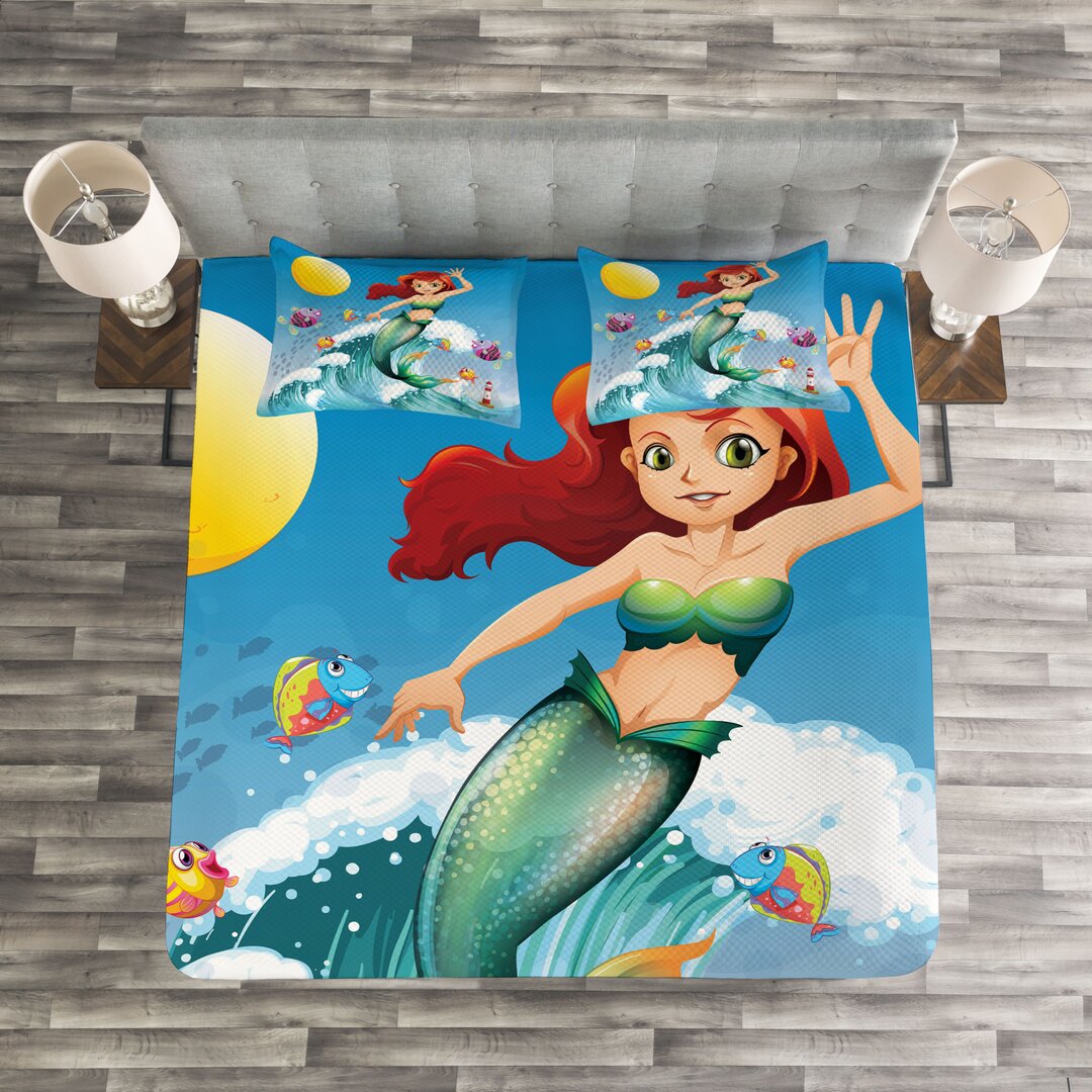 Tagesdecke Set, Welle mit Cartoon-Fisch, Kids, Mehrfarbig