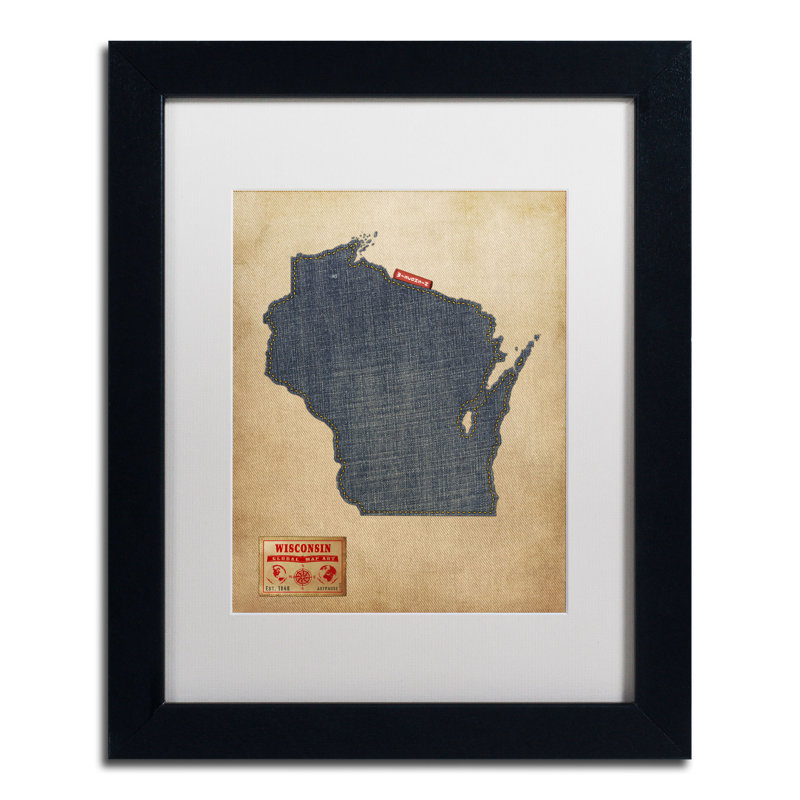 « wisconsin map denim jeans style » par michael tompsett, impression encadrée, H 14 po x l 11 po, Blanc
