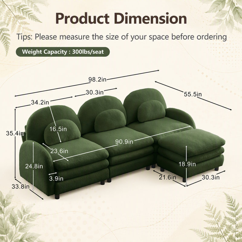 Canapé modulaire 3 places en tissu Teddy avec dossier incurvé, pouf amovible, coussins double couche et soutien lombaire ergonomique.