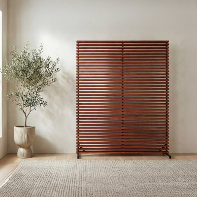 Paravent, bois franc mixte, structure en aluminium, brun