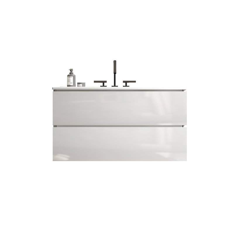 Meuble-lavabo moderne blanc brillant de 36 po - lavabo en céramique et 3 trous de robinet, grand espace de rangement, lavabo à tiroirs silencieux, espace de rangement riche,