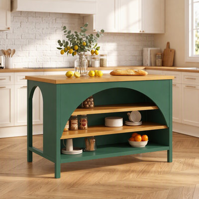 55.91" Farmhouse Kitchen Island with Open Storage  and Natural Top