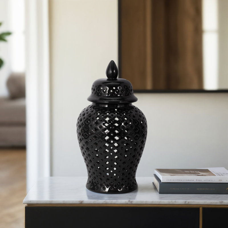 Atline Modern Decorative Jar for Home Decor – Glossy Ceramic Table Jar with Pierced Cutout Design – Stylish Accent for Shelf, Console, or Mantel – Ideal for Contemporary and Transitional Spaces