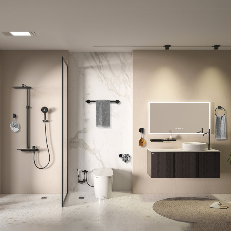 Towel Ring,2 Sets Towel Hooks,Tissue Rack,Bathroom Hardware Simple Round SUS 304 Stainless Steel, Matte Black