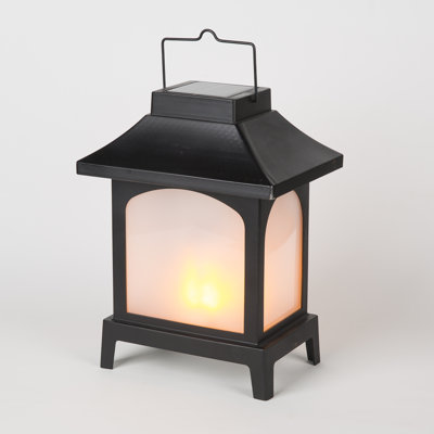 Lanterne de table moderne en fer noir de 14 po avec panneaux en verre givré et lampe d'appoint à pile