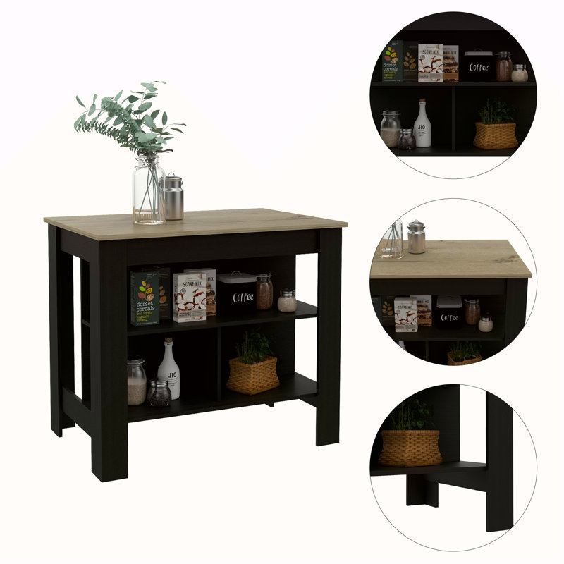Kitchen Island, Four Legs, Three Shelves, Black, Natural