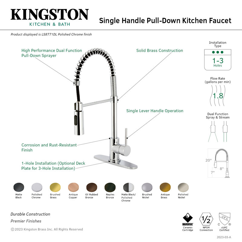 Robinet de cuisine à pré-rinçage à fixation sur comptoir à 1 trou Kingston Brass, Brushed Brass