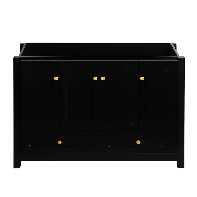 Meuble-lavabo noir de 48 po de largeur pour la salle de bain, grand espace de rangement avec 4 portes coulissantes et 2 tiroirs, structure en bois massif, fabrication en douceur, fermeture en douceur, portes de salle de bain intemporelles, armoire robuste,