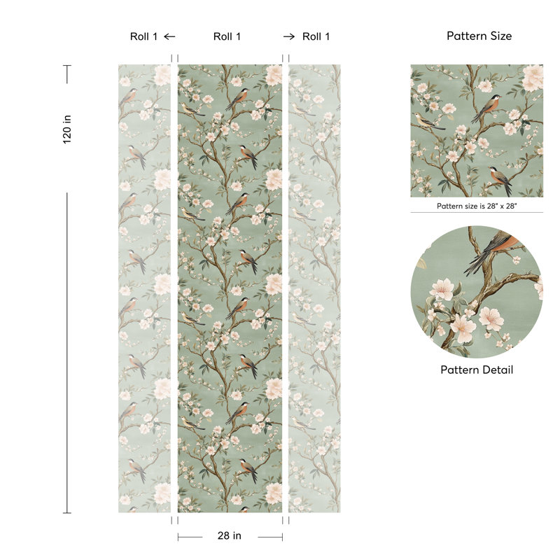 Charming Bird and Blossom Wallpaper Peel and Stick Green Botanical Wall Mural