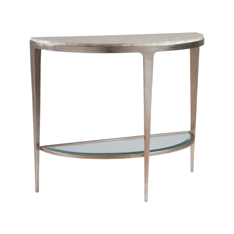 Contemporary Silver Metal & Glass Demilune Console with Storage