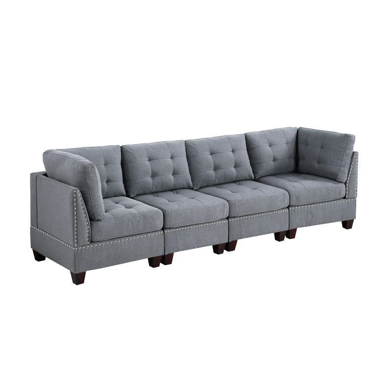 Chaises modulaires 4 pièces en tissu gris, aspect lin, revêtues de tissu de bois
