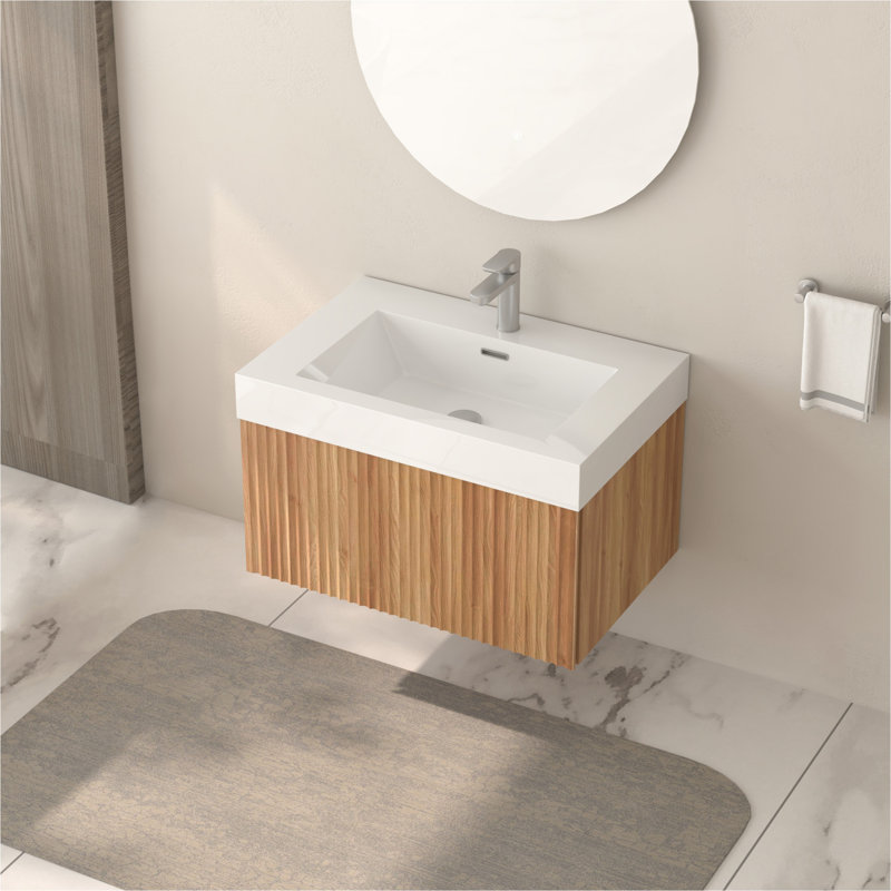 Meuble-lavabo mural de 30 po avec lavabo, armoire de salle de bain flottante murale avec finition en contreplaqué intégré de conception minimaliste moderne pour salle de bain compacte couleur acacia