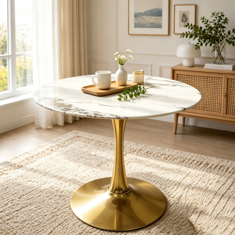 Table tulipe ronde 34,65 pouces avec plateau veiné en marbre, Or + blanc