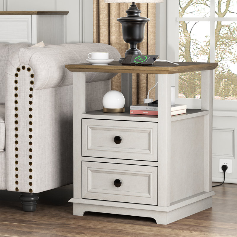 Azella Frame 2 End Table Set with Storage and Built-In Outlets, Brown Top/White Base