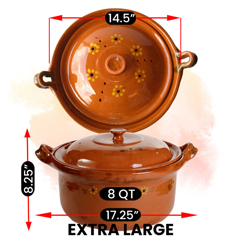 Batterie de cuisine ancienne, pot de cuisine mexicain à couvercle en argile, très grand, terre cuite, 8 pintes
