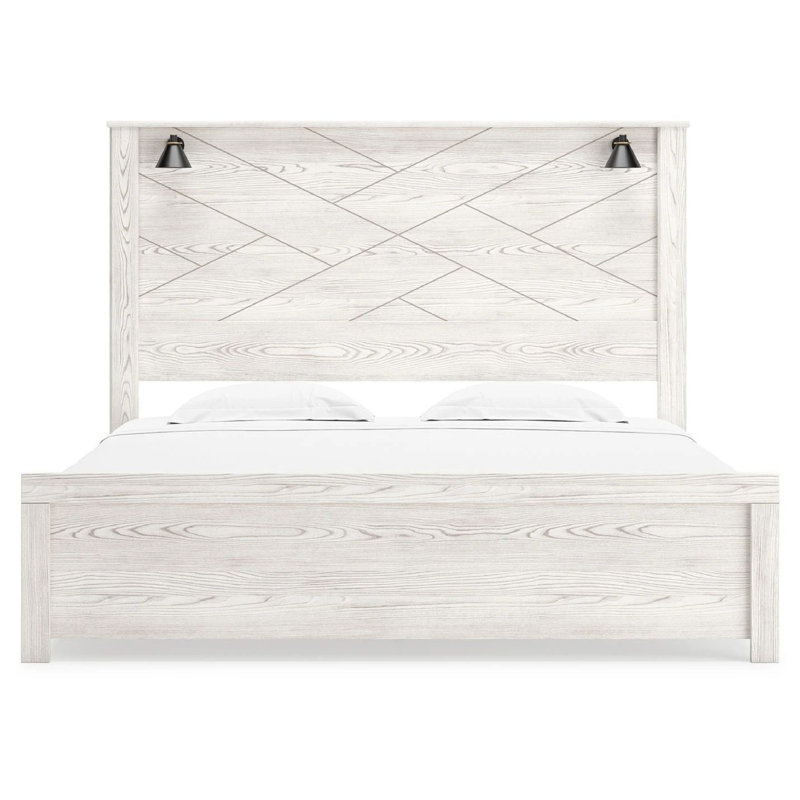 Très grand lit à panneau Hara avec 2 appliques murales, bois gris-blanc rustique clair, Très grand, Gris