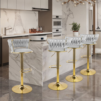 Tabouret de bar pivotant en velours de 15,75 po avec cadre et repose-pieds dorés, fauteuil de coiffeuse Princess à hauteur réglable avec dossier, fauteuil de maquillage rembourré doux pour la chambre à coucher, le salon et l'îlot de cuisine