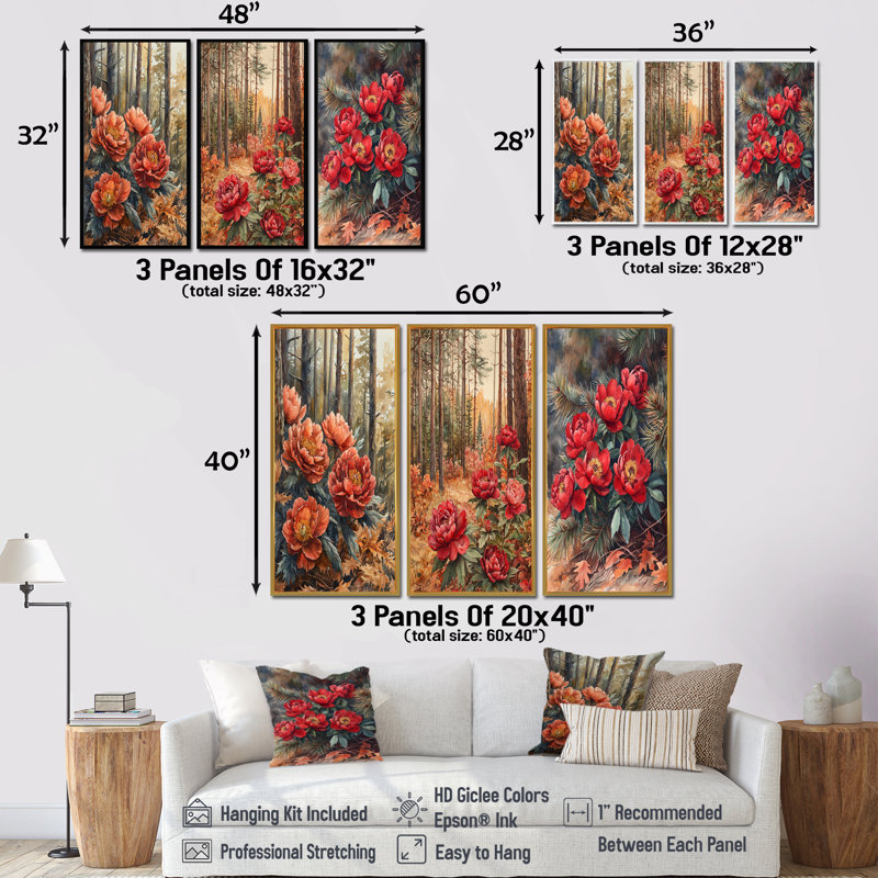 Pivoines parmi les pins d'automne I - Collection de grandes décorations murales pivoines, H 28 po x l 36 po, Brun