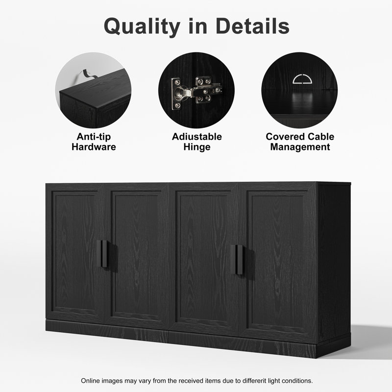 62"×31"×16" Wood Sideboard Cabinet with Adjustable Shelves, Black