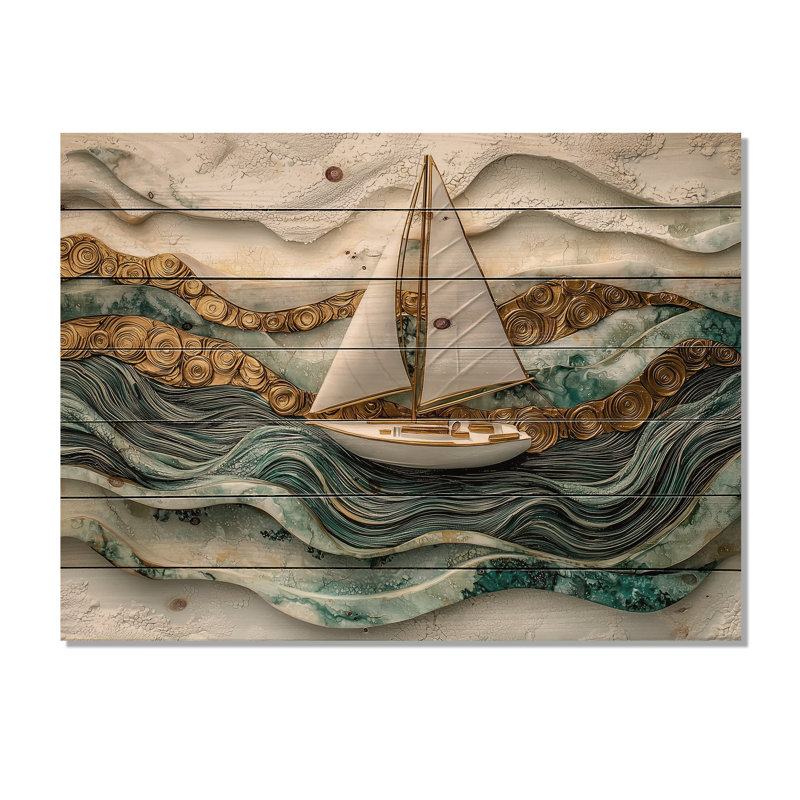 Voilier doré sur l'océan Emerald III - décoration murale bateau en bois - sur bois de pin naturel