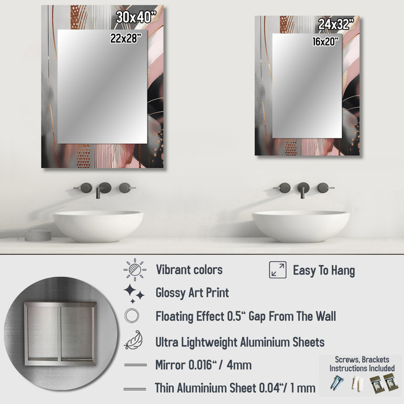 Pink Rosegold Circle Complexity I - Transitional Shapes Mirror, Modern Unique Wall Mirror, Printed Metal Art, 32" x 24"