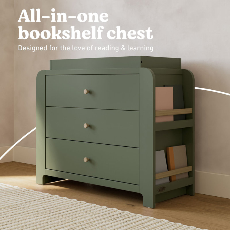 Graco Read-with-Me 3 Drawer Chest with Bookshelves and Removable Changing Topper Olive/Driftwood