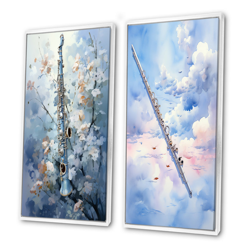 Flûte musicale vol bleu ciel - ensemble de 2 reproductions d'art mural musical, Cadre blanc, H 40 po x l 41 po