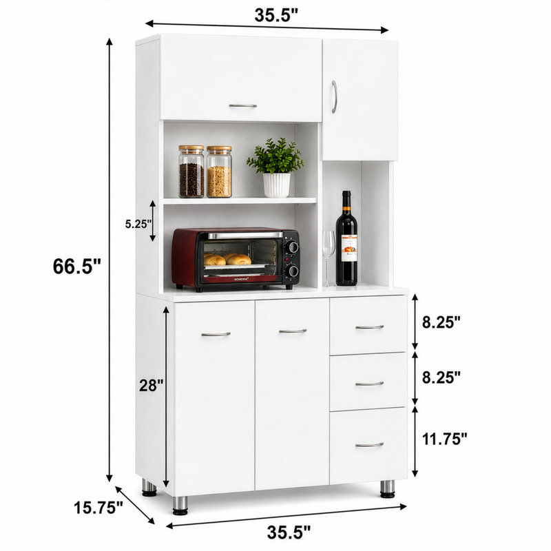 Armoire de cuisine avec portes, tablettes, organisateur de rangement autoportant blanc pour la nourriture, la vaisselle, les appareils électroménagers, la salle à manger, la buanderie, la buanderie