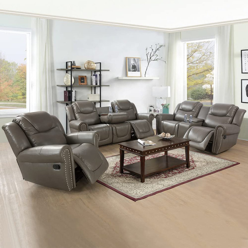 Ensemble de salon inclinable en cuir 3 pièces Borras, Similicuir gris