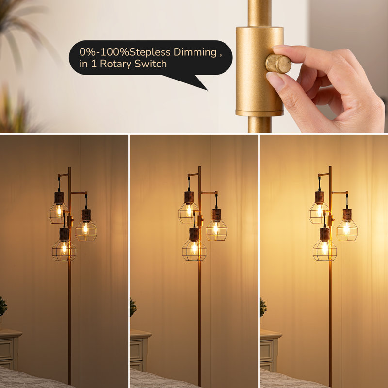 Gold 65" Rattan Tree Floor Lamp with Dimmable Bulbs