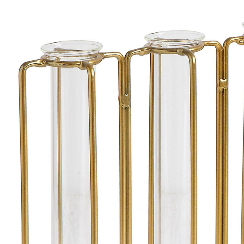 9 Tests Tube Vases in Metal Stand, Clear/Gold