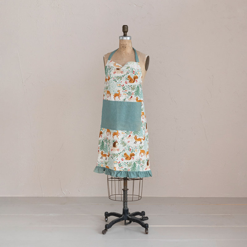 Cotton Printed Apron With Woodland Flora And Fauna Pattern, Pockets And Ruffle