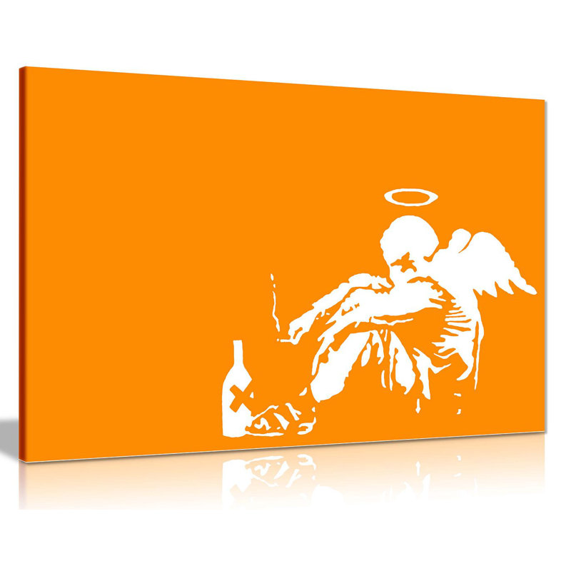Banksy Fallen Angel Graffiti - Wrapped Canvas Print, 20cm H x 31cm W, Orange