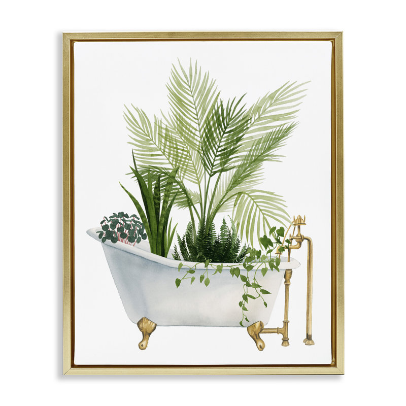 «Divers Plants Greenery Vintage Tub» par Grace Popp - impression sur toile, Cadre flottant métallique doré, H 21 po x l 17 po