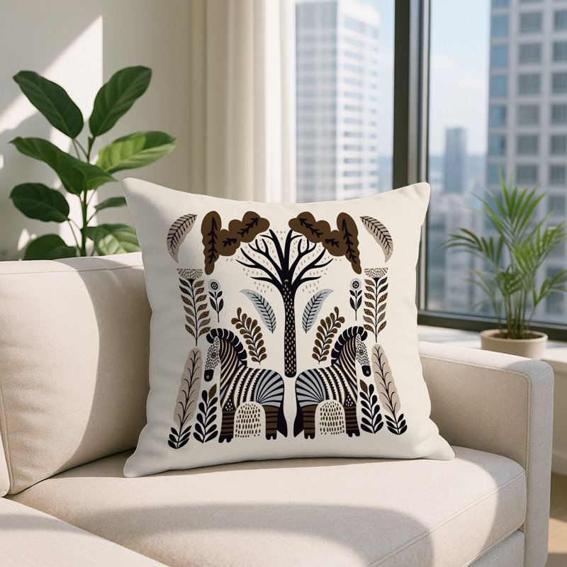 Oreiller carré réversible intérieur / extérieur Zuby Zebra, Carré 19 po, Beige