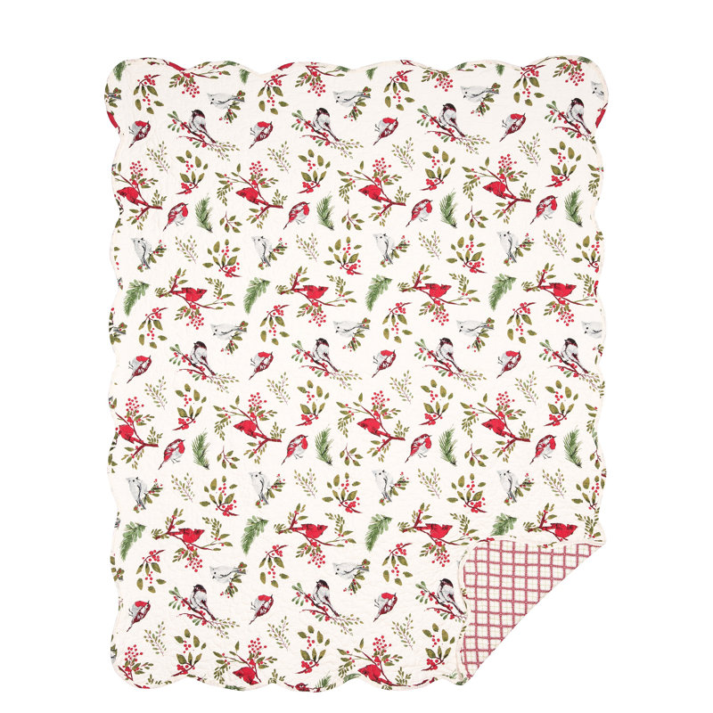 Sprig Birds Reversible Cotton Throw Blanket with Scalloped Edge