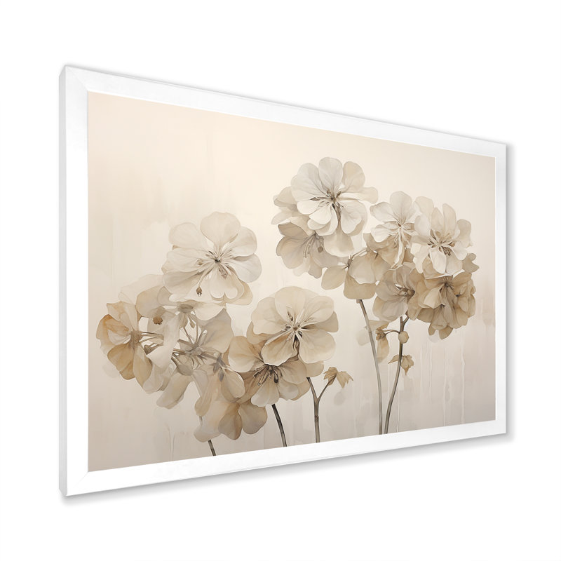 «Minimalisme géraniums beige I» sur toile, Cadre simple blanc, H 12 po x l 20 po x P 1 po