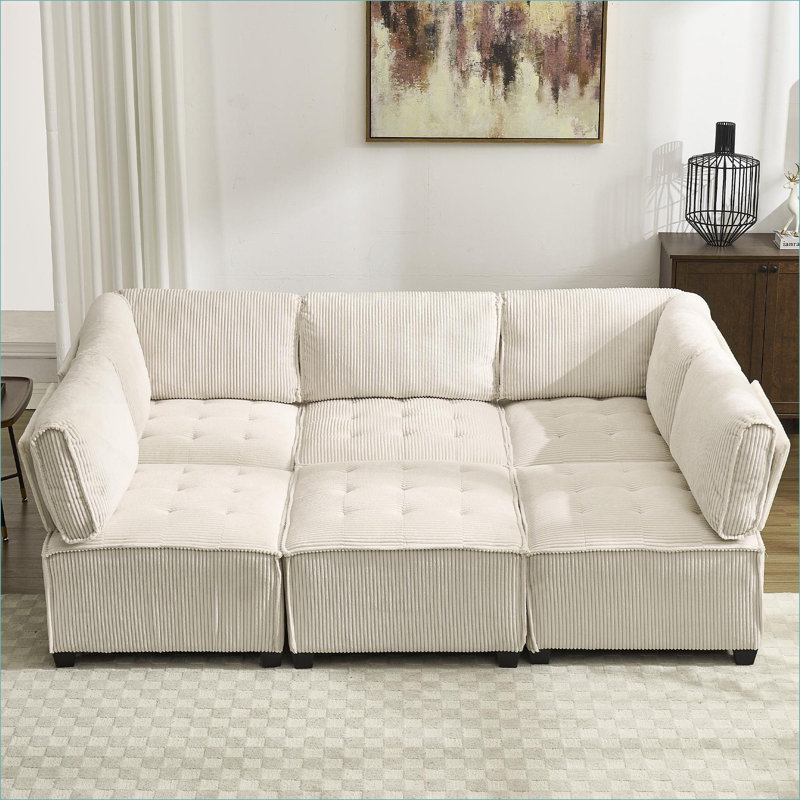 Sectional Sofas | 6-Seat U Shaped Modular Couch, Reversible Chaise for Living Room | Beige | Corduroy, Beige Corduroy