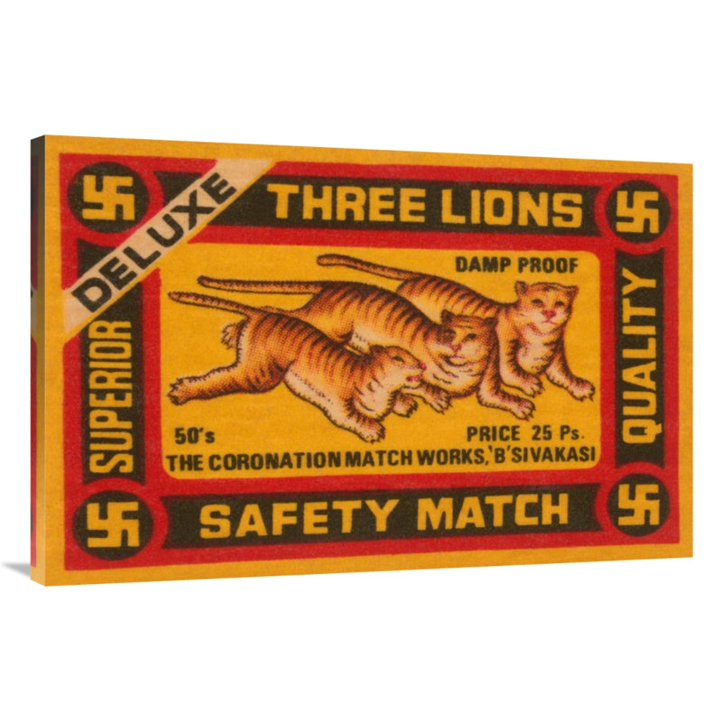 « three lions safety match », affiche rétro, H 24 po x l 36 po x P 1,5 po