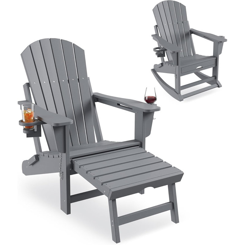 Folding Adirondack Rocking Chair, Ottoman, Dual Cup Holders for Porch, Grey