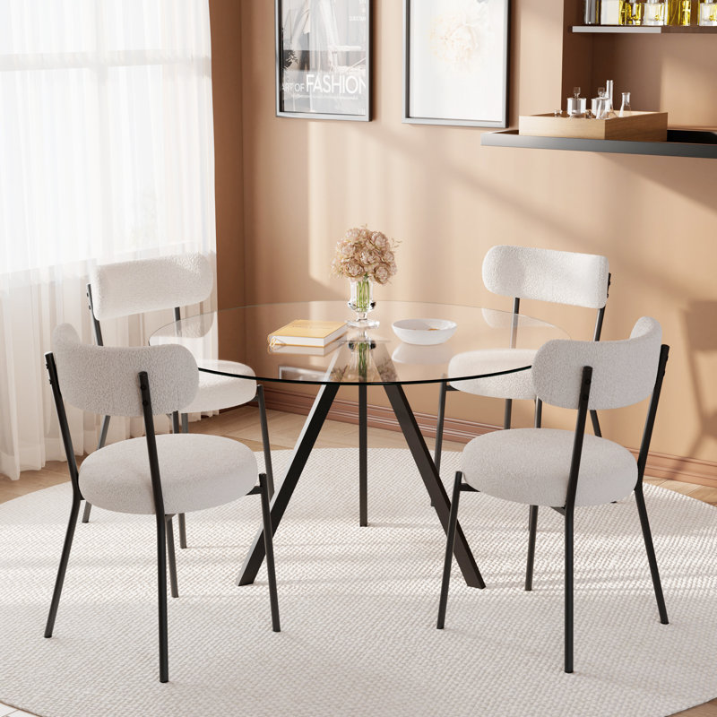 Ensemble de table de salle à manger en verre pour 4 personnes avec chaises en peluche, 29.5" H x 47" W x 47" D, Blanc