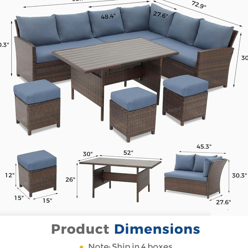 Ensemble repas de patio avec coussins bleus, poufs et table, entretien facile, coin détente confortable, design ergonomique, agencement modulaire