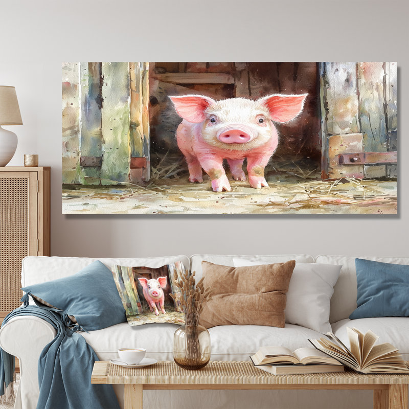 «Cute Farm Pig Portrait - Art mural encadré de cochon», 12" H x 20" W, White Picture Framed
