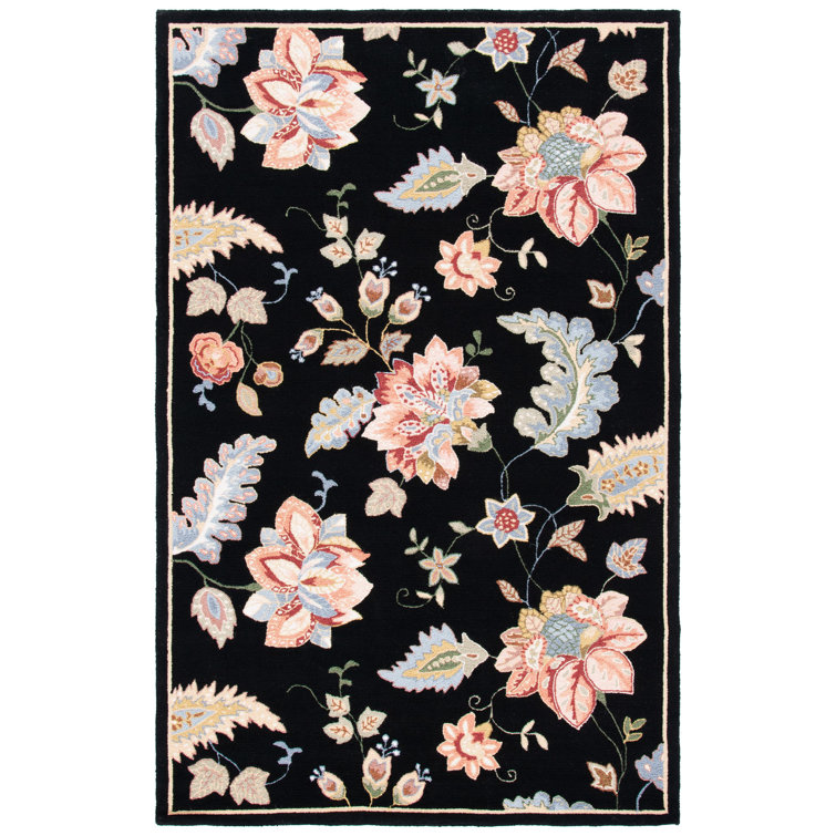 Hollander Floral Hand Hooked Wool Black Area Rug