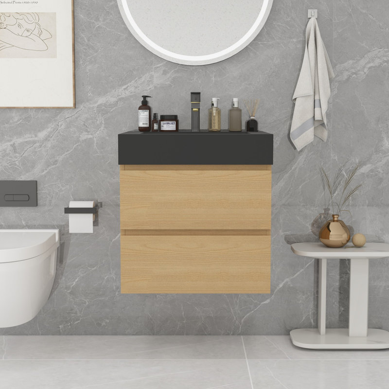 Grand meuble-lavabo mural avec rangement Modern, Chêne clair, Noir, noir, noir, noir
