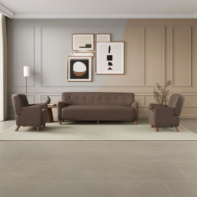 3-Piece Living Room Set, Linen Upholstered Sofa and 2 Armchairs with Button-Tufted Back, Rubber Wood Legs