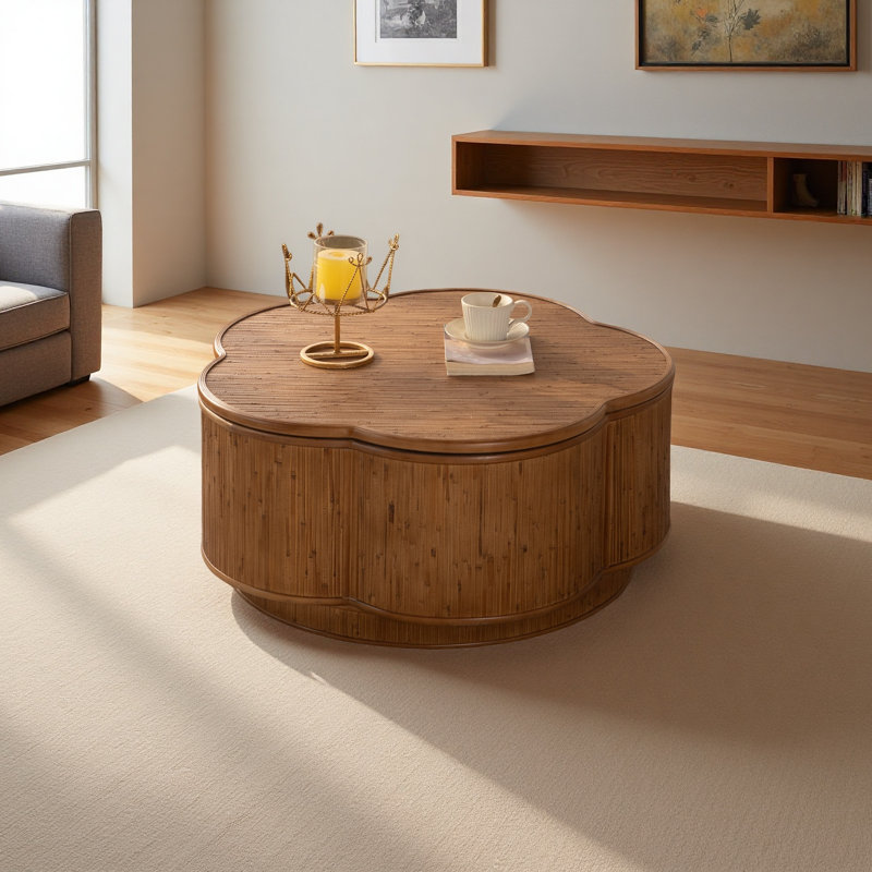 Table basse en rotin en forme de fleur avec rangement amovible, style boho-chic, parfaite pour les salons confortables